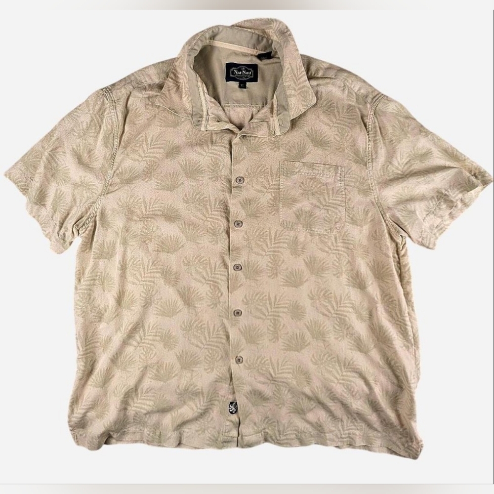 Nat Nast‎ Silk CottonMen's Gray Palm Trees Hawiian Short Sleeve Button Up XL